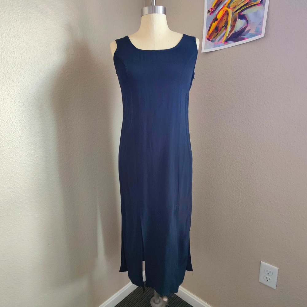 Vintage 90s Laundry by‎ Shelli Segal Black Minimalist Slit Midi Dress Tie Back S